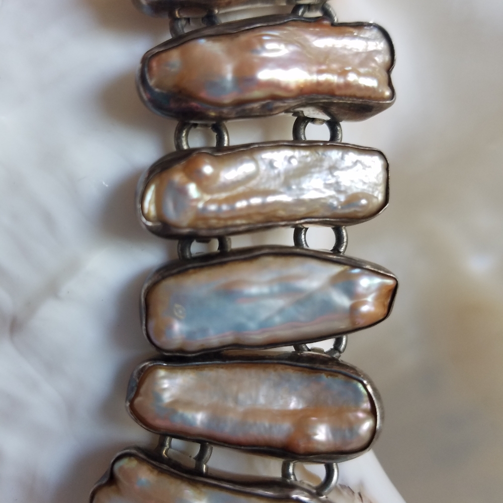 BEAUTIFUL UNUSUAL PEACH PEARL HEAVY STERLING BRACELET - Picture 5 of 10